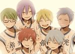  akashi_seijuurou aomine_daiki bad_id bad_pixiv_id basketball_uniform blonde_hair blue_hair blush closed_eyes dark_skin dark_skinned_male glasses green_hair kise_ryouta kuroko_no_basuke kuroko_tetsuya male_focus midorima_shintarou multiple_boys murasakibara_atsushi open_mouth purple_hair red_hair sayu_(migiu) smile sportswear v 