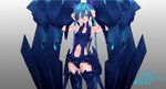  alternate_costume blue_eyes blue_hair blurry boots breasts character_name cleavage cyber female gradient hand_on_headphones hatsune_miku headphones highres jun_project junp long_hair midriff one_eye_closed open_mouth shoes simple_background sleeveless solo speaker thigh_boots thighhighs twintails vocaloid wink 