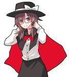  bespectacled black_skirt blush bow brown_hair cape cowboy_shot fedora glasses hat hat_bow long_hair long_sleeves outline playing_with_own_hair red-framed_eyewear red_eyes semi-rimless_eyewear shiroshi_(denpa_eshidan) shirt simple_background skirt solo touhou under-rim_eyewear usami_renko white_background white_bow white_shirt 