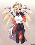  5-ish blonde_hair blue_eyes looking_at_viewer mechanical_halo mechanical_wings mercy_(overwatch) overwatch ponytail short_ponytail sitting smile solo wings 