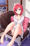  barefoot blush bow breasts cleavage hair_bow highres looking_at_viewer love_live! love_live!_school_idol_project medium_breasts nishikino_maki purple_eyes red_hair short_hair smile solo tucana 
