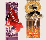  architecture autumn_leaves back bangs bare_legs black_eyes black_hair bow cherry_blossoms double_bun east_asian_architecture fish_costume flower frills geta hair_bow holding holding_umbrella japanese_clothes kimono kneepits leaf legs_apart legs_together long_hair looking_at_viewer looking_back maple_leaf multiple_girls obi oriental_umbrella original petals platform_footwear purimari red_bow red_eyes sash short_kimono sidelocks sitting sleeping sliding_doors smile stairs standing umbrella water wide_sleeves yukata 