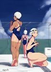  ass back black_eyes black_hair blue_sky cloud competition_swimsuit day drain_(object) from_side gbmah goggles goggles_on_head goggles_removed highres kneeling multiple_girls one-piece_swimsuit original outdoors poolside sky swim_cap swimsuit tan tanline 