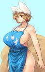  apron bare_shoulders blonde_hair blue_background blush breasts chanta_(ayatakaoisii) fox_tail hat highres huge_breasts looking_at_viewer multiple_tails naked_apron pillow_hat plump short_hair sideboob simple_background solo standing sweat tail thick_thighs touhou wide_hips yakumo_ran yellow_eyes 