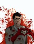  black_hair blood blood_from_mouth blood_on_face blood_splatter bloody_clothes blue_eyes glasses heart heart_hands male_focus medic red solo sparkling_eyes team_fortress_2 the_medic white_background 