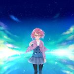  blush cloud glasses highres kuriyama_mirai kyoukai_no_kanata pantyhose pink_hair reaching_out school_uniform short_hair smile solo star_(sky) sweater utakata_(s_sw) 