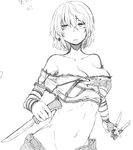  bangs breasts commentary_request crop_top denim greyscale hikage_(senran_kagura) holding holding_knife holding_weapon jeans knife large_breasts looking_to_the_side monochrome open_mouth pants quadruple_wielding senran_kagura senran_kagura_shoujo-tachi_no_shin'ei short_hair sketch solo throwing_knife translation_request weapon yonyon_(yotayota_honpo) 