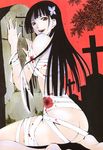  absurdres ass bandages black_hair blood breasts hair_ornament highres long_hair looking_at_viewer medium_breasts nude open_mouth red_eyes sanka_rea sankarea seo_kouji solo tombstone 