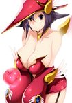  apple apple_magician_girl bare_shoulders breasts brown_eyes cleavage detached_sleeves dress duel_monster food fruit garter_straps hat huge_breasts jewelry leaning_forward purple_hair short_dress short_hair smile solo strapless tsukasawa_takamatsu wings wizard_hat yuu-gi-ou 