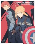  1girl ahoge artoria_pendragon_(all) bianyuanqishi blonde_hair braid captain_america captain_america_(cosplay) captain_america_the_winter_soldier cosplay emiya_shirou fate/stay_night fate_(series) french_braid gloves green_eyes highres james_buchanan_barnes marvel pants parody red_hair saber shield winter_soldier winter_soldier_(cosplay) yellow_eyes 