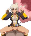  1girl blazblue bottomless breasts bullet_(blazblue) cleavage cum cum_in_pussy dark_skin ejaculation girl_on_top impregnation insemination kalimantan large_breasts ovum penis pussy reverse_cowgirl_position sex shiny_hair shiny_skin short_hair solo_focus sperm_cell spread_legs testicles uncensored v vaginal white_hair x-ray 