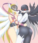  angel angel_and_devil angel_wings angewomon ass bare_shoulders blonde_hair blush bodysuit breast_press breasts catsuit cleavage demon_girl digimon elbow_gloves fangs gloves helmet ladydevimon large_breasts long_hair mask multiple_girls multiple_wings navel_cutout pale_skin red_eyes ribbon silver_hair single_glove skin_tight smile somegu symmetrical_docking torn_clothes very_long_hair visor wings 