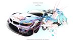  aqua_eyes aqua_hair bmw boots car elbow_gloves female fringe gloves goodsmile_racing hatsune_miku headphones highres holding inscription leaning leaning_forward long_hair looking_away moti_moti_omoti racing solo thighhighs twintails vocaloid white_gloves 