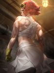  back bare_shoulders brown_eyes ceiling_light cowboy_shot from_behind gloves goggles goggles_on_head indoors koutetsujou_no_kabaneri light muscle muscular_female orange_hair profile short_hair skirt solo standing tank_top tomboy white_skirt yang-do yukina_(kabaneri) 