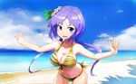  animal_print beach bent_over bikini blue_sky breasts cleavage cloud collarbone day flower hair_flower hair_ornament highres large_breasts long_hair low_twintails navel ocean open_mouth outdoors outstretched_arms purple_eyes purple_hair side-tie_bikini sinzan sky smile solo swimsuit tiger_print touhou tsukumo_benben twintails very_long_hair yellow_bikini 