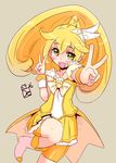  :d bike_shorts blonde_hair blush bow brown_background cure_peace dated de_(deys) double_v hair_flaps kise_yayoi magical_girl open_mouth ponytail precure short_hair shorts shorts_under_skirt signature simple_background skirt smile smile_precure! solo v white_bow yellow yellow_eyes yellow_shorts yellow_skirt 