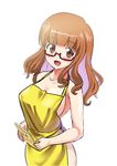  apron book breasts brown_eyes brown_hair excel_(shena) girls_und_panzer glasses large_breasts long_hair looking_at_viewer naked_apron open_mouth red-framed_eyewear smile solo takebe_saori 