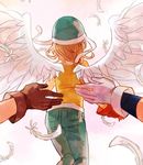  2boys angel_wings brown_gloves brown_hair commentary denim digimon digimon_adventure feathers from_behind gloves ishida_yamato jeans konagonana mizutani_yuuko multiple_boys pants short_hair takenouchi_sora white_gloves wings yagami_taichi 