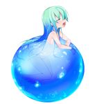 aqua_hair blue_hair blush closed_eyes flat_chest floating gradient_hair highres long_hair morino_donguri multicolored_hair nude open_mouth original partially_submerged smile solo sphere water white_background 
