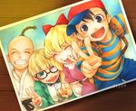  3boys black_hair blonde_hair bow glasses group happy jeff_andonuts mother_(game) mother_2 multiple_boys ness nintendo paula_polestar pepe_(cxc) photo photo_(object) poo_(mother_2) v 