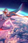  aircraft airplane barefoot brown_hair coat commentary highres long_hair original scarf solo wenqing_yan 