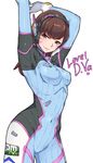  bodysuit breasts brown_eyes brown_hair covered_nipples cowboy_shot d.va_(overwatch) english facial_mark gloves headphones heart highres long_hair looking_at_viewer medium_breasts overwatch simple_background smile solo stretch whisker_markings white_background yui.h 