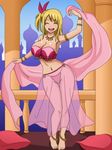  anklet armlet barefoot bikini blonde_hair blush bra bracelet breasts castle chains cleavage dance dress eyes_closed fairy_tail feet floor hair_ornament happy happy_face harem_outfit jewelry large_breasts legs long_hair lucy_heartfilia navel necklace open_mouth palace panties pillow ponytail ribbon see-through shablagoo shablagooo side_ponytail slave smile thigh_gap 