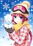  absurdres beanie black_gloves blue_background blue_eyes blush braid candy closed_mouth food gloves goggles goggles_on_head hat highres holding jacket kurosaki_mea lips lollipop long_hair long_sleeves looking_at_viewer plaid plaid_jacket pocket red_hair red_jacket scarf simple_background single_braid smile snowflakes snowman solo sweets to_love-ru upper_body winter_clothes yabuki_kentarou yellow_hat yellow_scarf 