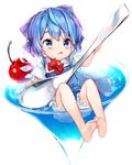  :q alternate_hair_length alternate_hairstyle bangs barefoot bloomers blue_bow blue_dress blue_eyes blue_hair bow bowtie cherry cirno cup dress drink drinking_glass eyelashes feet flat_chest food frills fruit full_body glass glint hair_bow highres holding holding_spoon ice ice_wings in_container in_cup lens_flare licking_lips loose_bowtie minigirl oversized_object partially_submerged red_bow red_neckwear shirt short_hair short_sleeves sitting soles solo spoon takotsu tongue tongue_out touhou transparent transparent_wings underwear white_background white_shirt wings 