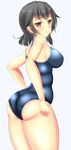  ass bare_shoulders black_hair blush breasts huge_ass large_breasts looking_at_viewer noeomi one-piece_swimsuit open_mouth parted_lips red_eyes rita_(sennen_sensou_aigis) sennen_sensou_aigis shiny shiny_clothes shiny_hair shiny_skin short_hair sideboob solo swimsuit 
