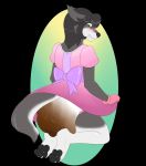  anthro biped black_nose blush canid canine canis clothing diaper dress embarrassed eyebrows feces fur hair looking_back mammal maridiamarius messy_diaper rear_view scat soiling solo teeth wolf 