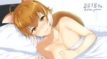  1girl 2018 absurdres animal_ears antenna_hair blazblue blush breasts brown_hair cleavage eyebrows_visible_through_hair highres large_breasts looking_at_viewer lying makoto_nanaya multicolored_hair naked_sheet on_side orange_eyes parted_lips pillow purinnssu short_hair solo squirrel_ears squirrel_girl squirrel_tail tail two-tone_hair under_covers upper_body 