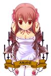  amane_(dream_c_club) bad_id bad_pixiv_id blush bow breasts cleavage comic_sans commentary_request detached_sleeves dream_c_club dream_c_club_(series) from_above hair_bow long_hair looking_at_viewer medium_breasts red_eyes red_hair sitting smile solo thigh_gap thighhighs tougetsu_hajime waitress white_legwear zettai_ryouiki 
