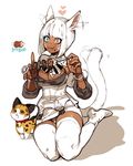  animal_ears artist_name bangs bell bell_collar blue_eyes blunt_bangs blush bob_cut boned_meat boots bracelet breasts cat cat_ears chewing cleavage_cutout collar dark_skin ear_wiggle eating facial_mark final_fantasy final_fantasy_xiv flapping_ears food food_on_face full_body heart heterochromia highres jewelry meat medium_breasts miqo'te panties pantyshot pantyshot_(sitting) pigeon666 red_eyes shadow short_hair sitting skewer skirt solo tail_wagging thighhighs underwear white_background white_hair white_legwear yokozuwari 