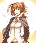  absurdres arms_behind_back blazblue brown_eyes brown_hair cape celica_a_mercury hair_ribbon highres long_hair long_sleeves navel open_mouth ponytail ribbon shirt skirt smile solo venomrobo 