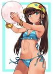  armpits ball beachball bikini blue_bikini blue_ribbon border bracelet brown_hair closed_mouth dark_skin eyebrows flat_chest green_eyes hai_ookami heart heart-shaped_pupils highres holding holding_ball jewelry long_hair looking_at_viewer low_twintails midriff mole mole_under_eye navel original outside_border outstretched_arms ribbon side-tie_bikini simple_background solo standing stomach swimsuit symbol-shaped_pupils thick_eyebrows twintails very_long_hair white_background 