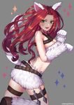  :d animal_ears belt boots breasts cleavage dagger elbow_gloves fang fox_ears fox_tail gloves green_eyes grey_background hanato_(seonoaiko) katarina_du_couteau kemonomimi_mode kitty_cat_katarina knee_boots large_breasts league_of_legends leg_up long_hair looking_at_viewer open_mouth paw_gloves paw_pose paws red_hair simple_background skindentation smile solo sparkle standing standing_on_one_leg tail thigh_strap weapon whisker_markings white_footwear white_gloves 
