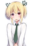  beatmania beatmania_iidx bemani blonde_hair blush collared_shirt green_neckwear head_tilt kyuukon_(qkonsan) long_sleeves looking_at_viewer male_focus necktie rche_(beatmania) red_eyes shirt short_twintails solo sweatdrop tareme twintails upper_body white_shirt wing_collar 