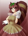  animal_ears blush breasts brown_dress brown_eyes brown_hair collarbone commentary cowboy_shot dress futatsuiwa_mamizou glasses gourd hand_on_hip highres large_breasts leaf leaf_on_head looking_at_viewer mazume pince-nez raccoon_ears raccoon_tail short_hair sleeveless smile solo tail tanuki touhou wristband 