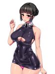  arm_at_side bangs bare_shoulders black_hair blush bodycon breasts brown_eyes covered_navel cowboy_shot dress eyelashes hair_bun hair_ornament hairclip ishimiso_(ishimura) kantai_collection large_breasts looking_at_viewer microdress myoukou_(kantai_collection) palms panties parted_lips pink_panties shiny shiny_clothes shiny_skin sideboob sidelocks simple_background skin_tight skindentation sleeveless smile solo underboob_cutout underwear white_background 
