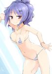  adjusting_clothes adjusting_swimsuit armpits bare_shoulders bikini blush bracelet breasts cleavage covered_nipples earrings groin hair_ornament hairclip highres homura_subaru jewelry looking_at_viewer medium_breasts necklace original ponytail purple_eyes purple_hair scrunchie shiny shiny_skin smile solo standing standing_on_one_leg striped striped_bikini swimsuit 
