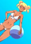  :d ass_visible_through_thighs ball bangs beachball bikini blonde_hair blue_background blue_eyes breasts cameltoe collarbone colored_eyelashes contrapposto cowboy_shot dark_skin donson double_bun dutch_angle eyebrows_visible_through_hair front-tie_bikini front-tie_top glasses gradient gradient_background groin hand_on_hip happy highres hips holding holding_ball legs_apart looking_at_viewer lowleg lowleg_bikini navel open_mouth original rectangular_eyewear red-framed_eyewear semi-rimless_eyewear short_hair short_twintails side-tie_bikini small_breasts smile solo standing swimsuit toned twintails under-rim_eyewear white_bikini 