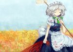  amii apron ascot bad_id bad_pixiv_id blood bloody_clothes blue_dress bow braid closed_eyes dragging dress field flower flower_field frilled_apron frills grey_hair hair_bow hair_pull highres hong_meiling izayoi_sakuya long_hair maid maid_apron maid_headdress mop multiple_girls out_of_frame red_hair shirt short_hair sleeveless sleeveless_dress smile solo_focus touhou twin_braids white_shirt 