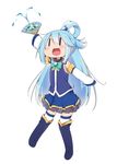  aqua_(konosuba) bare_shoulders blue_hair blush blush_stickers boots bow detached_sleeves fan folding_fan hair_between_eyes hair_ornament holding holding_fan kono_subarashii_sekai_ni_shukufuku_wo! long_hair miyako_hito open_mouth outstretched_arms ponytail sidelocks simple_background skirt sleeves_past_wrists solo thighhighs very_long_hair water wide_sleeves |_| 