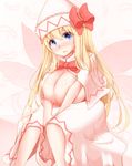  bad_id bad_pixiv_id blonde_hair blue_eyes blush bow breasts dress fairy_wings hat highres huge_breasts lily_white long_hair looking_at_viewer shiro_oolong-cha sitting solo touhou v_arms very_long_hair wings 