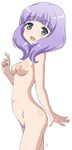  :d areolae blush breasts female from_side girlfriend_(kari) green_eyes index_finger_raised kiriyama_yuzuki lavender_hair long_hair looking_at_viewer navel nipples nude open_mouth pubic_hair signature simple_background smile solo vzmk2 white_background 