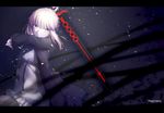  artist_name artoria_pendragon_(all) blonde_hair braid dark_excalibur darkness fate/stay_night fate/unlimited_codes fate_(series) french_braid gothic_lolita highres letterboxed lolita_fashion magicians_(zhkahogigzkh) saber_alter short_hair solo sword weapon yellow_eyes 