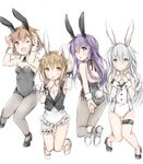  :o ;d akatsuki_(kantai_collection) alternate_costume animal_ears black_legwear blue_eyes breasts brown_eyes brown_hair bunny_ears bunny_pose bunny_tail bunnysuit embarrassed fang frills from_behind full_body hibiki_(kantai_collection) high_heels ikazuchi_(kantai_collection) inazuma_(kantai_collection) interlocked_fingers kantai_collection leg_garter leotard multiple_girls one_eye_closed open_mouth pantyhose purple_hair simple_background small_breasts smile tail v-shaped_eyebrows wataame27 wavy_mouth white_hair 