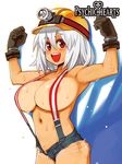  areolae arms_up breasts character_request cowboy_shot cutoffs denim denim_shorts flexing gloves hardhat helmet logo long_hair lowres naked_suspenders navel official_art open_mouth pose psychic_hearts red_eyes ryoji_(nomura_ryouji) short_hair short_shorts shorts solo suspenders sweat torn_clothes white_hair 