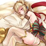  andira_(granblue_fantasy) animal_ears ass bare_back bare_shoulders blonde_hair blush bow breasts collar detached_sleeves eld_pld erune flying_nimbus granblue_fantasy hairband looking_at_viewer lying monkey_ears monkey_tail on_side one_eye_closed open_mouth red_eyes see-through short_hair sideboob sleepy small_breasts solo tail thighhighs wide_sleeves 